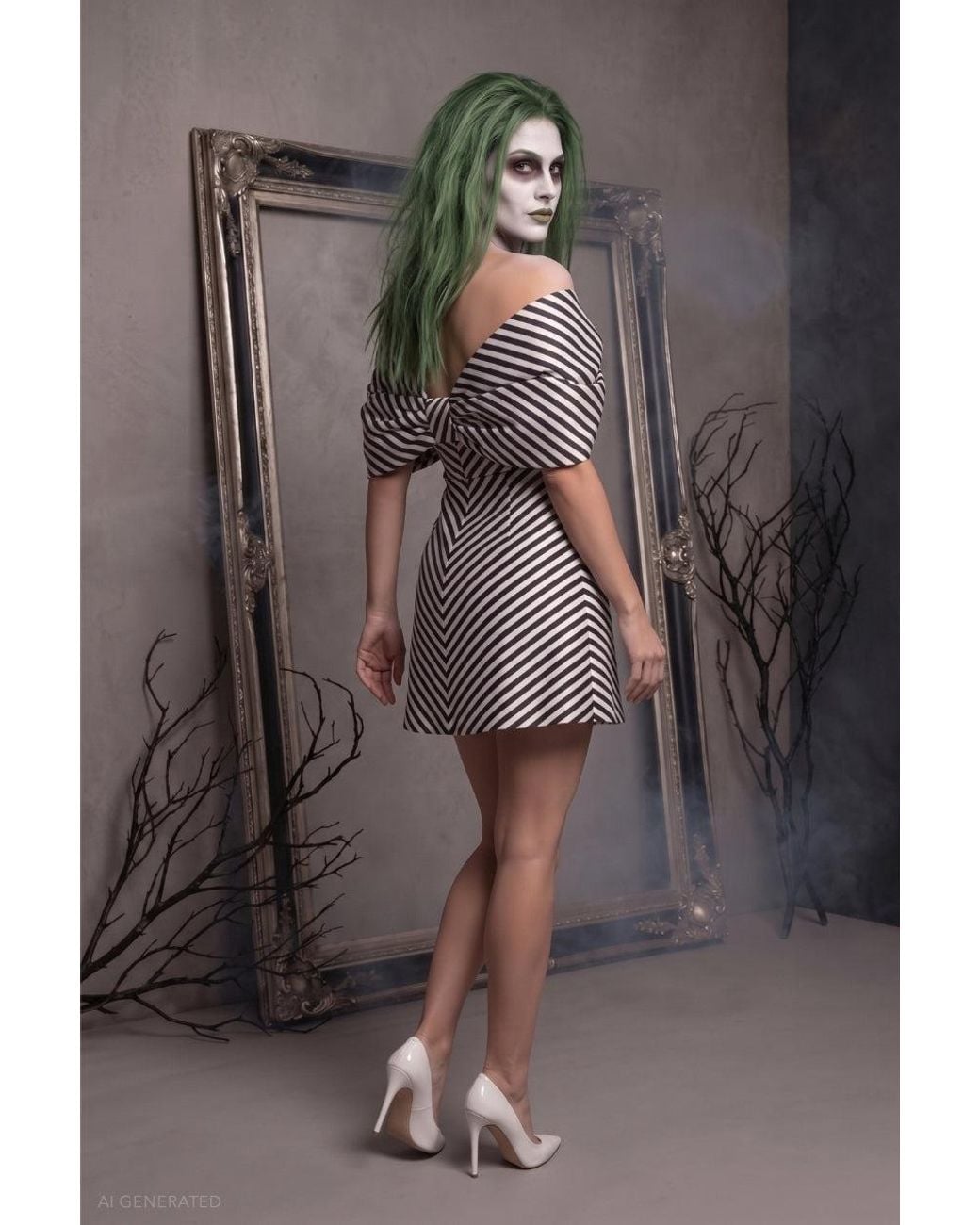 Goddiva Gray Striped A-Line Mini Beetlejuice-Inspired Halloween Costume
