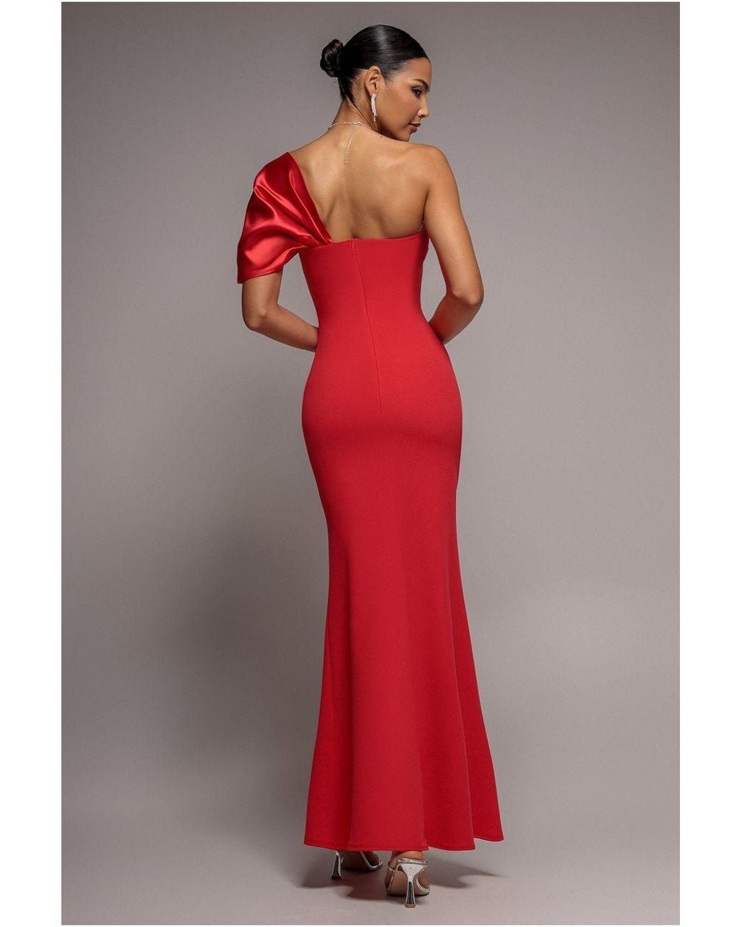 Goddiva Red Off The Shoulder Satin Bow Neck Maxi Dress