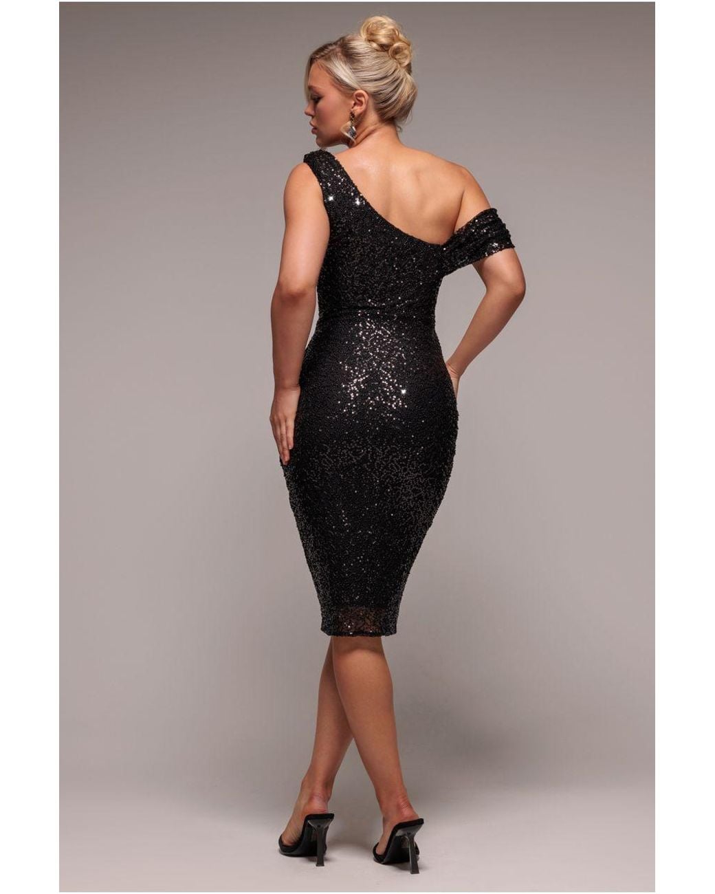 Goddiva Black Sequin Cowl One Shoulder Midi Dress