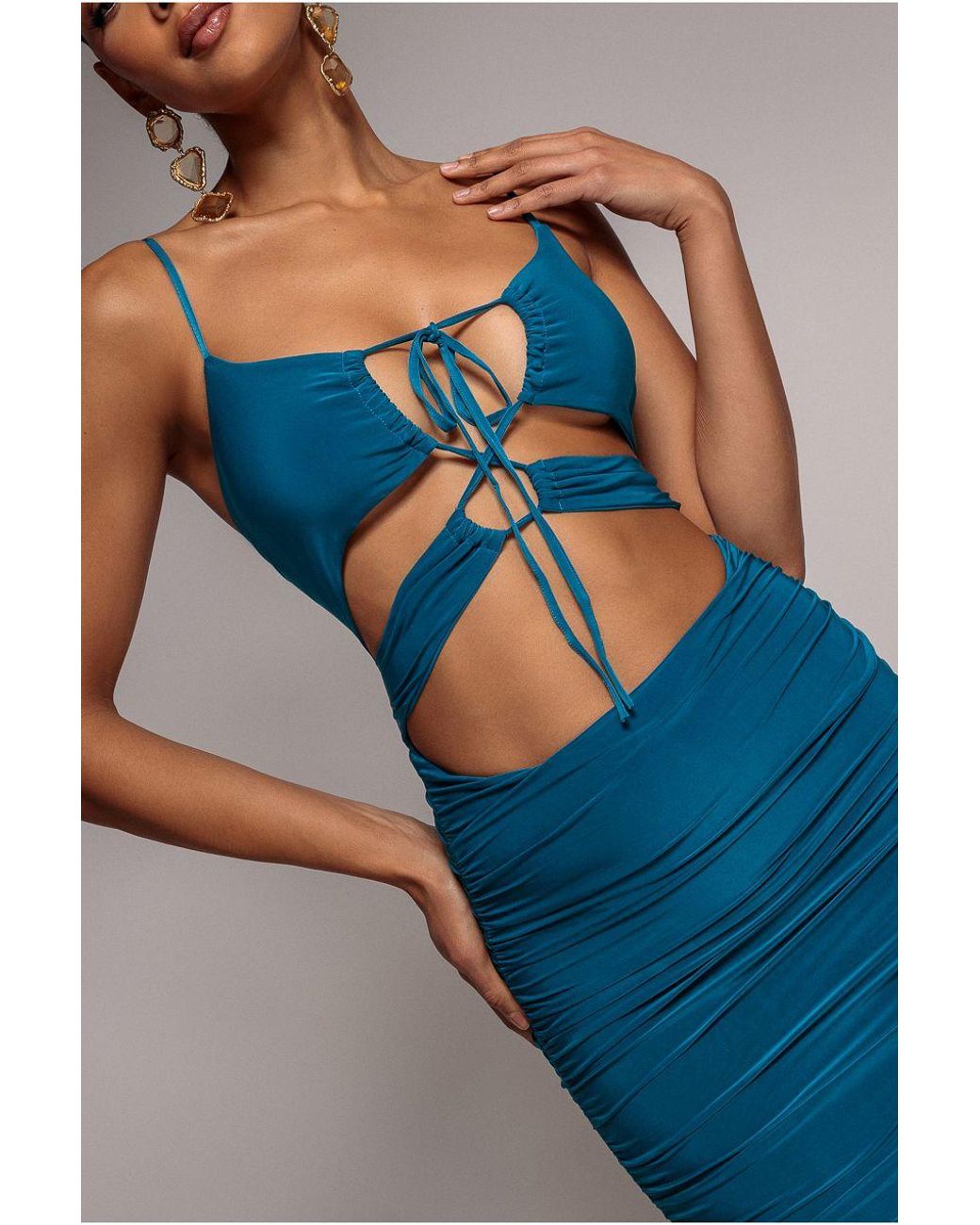 Goddiva Blue Cut Out Ruched Midi With Drawstring