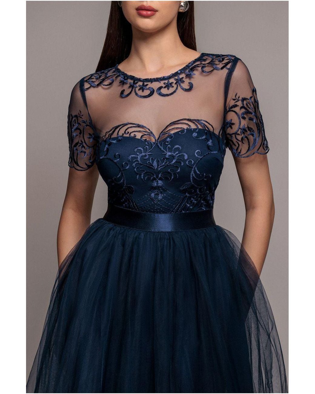 Goddiva Blue Embroidered Mesh Maxi Dress