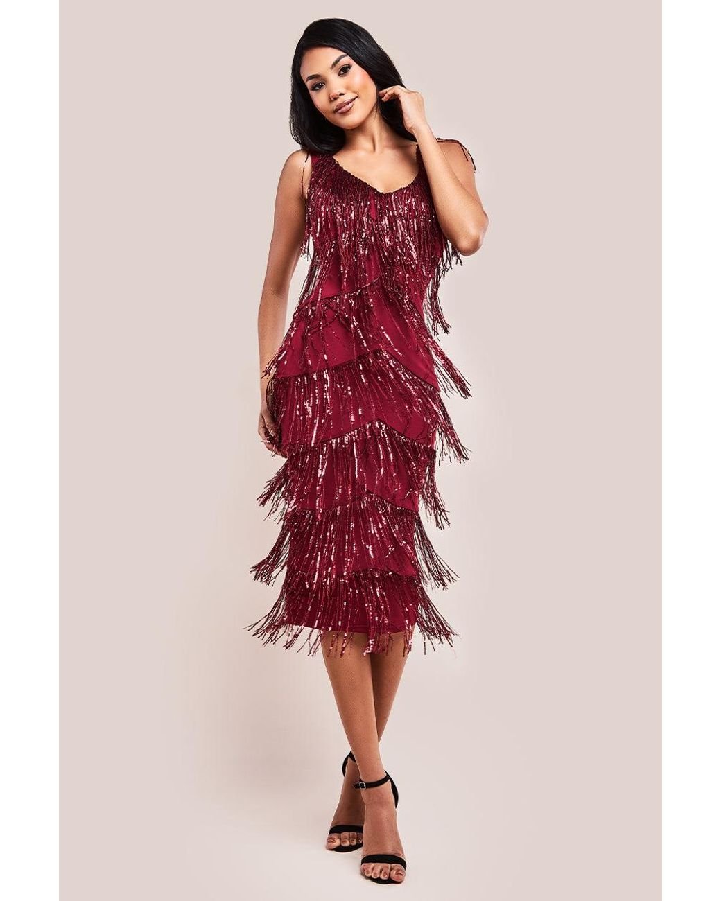 Goddiva Sequin Tassel Flapper Midi Dress in Red Lyst UK