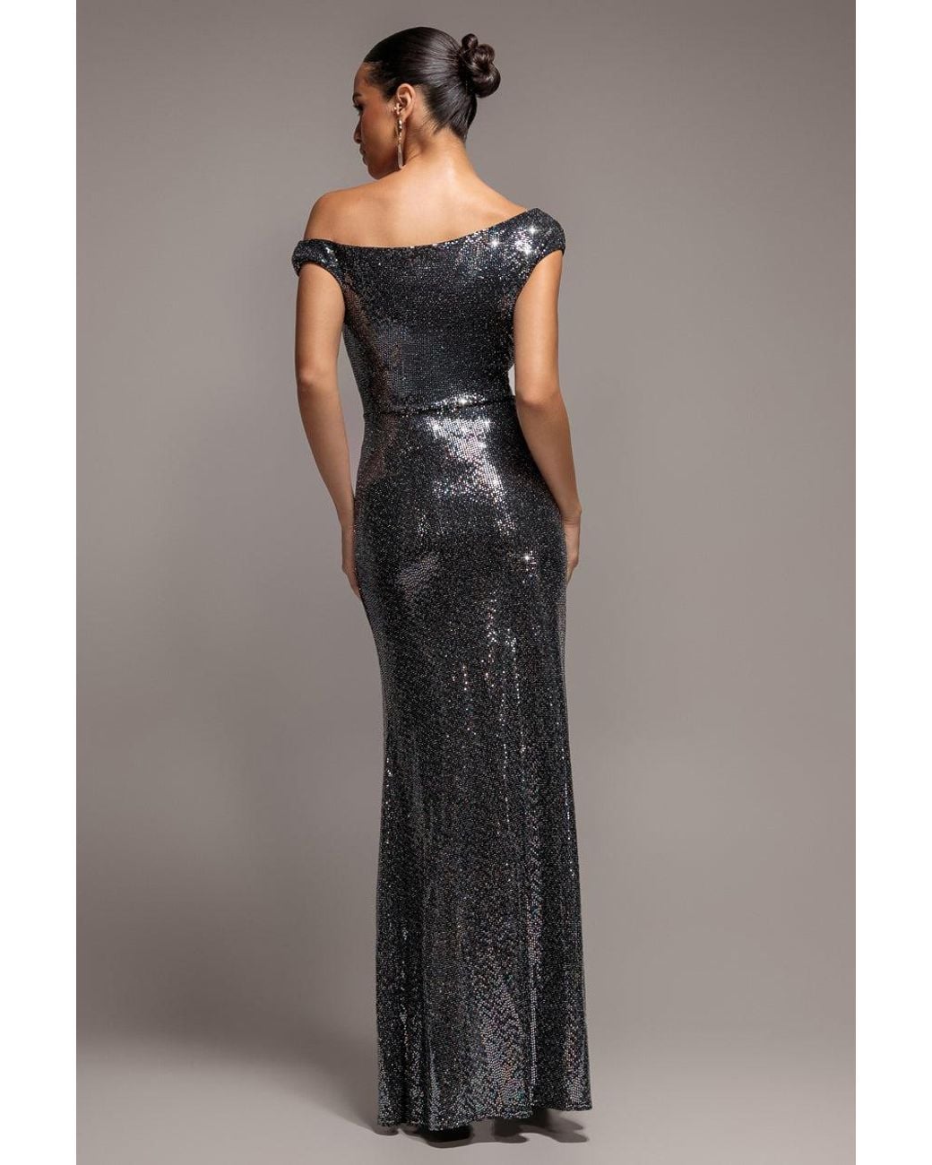 Goddiva Gray Asymmetric One Shoulder Front Split Sequin Maxi Dress