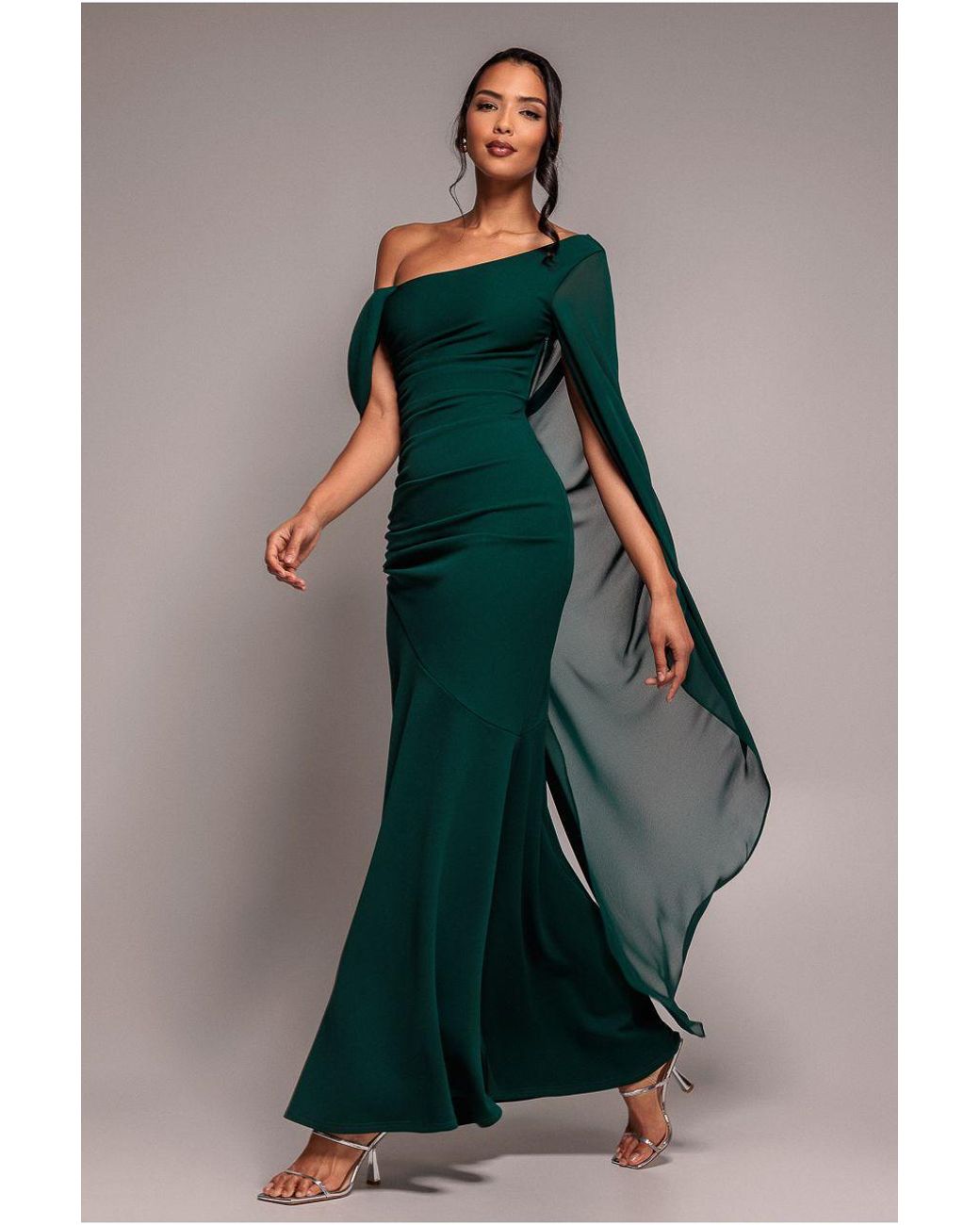 Goddiva Multicolor One Shoulder Cape Scuba & Chiffon Maxi Dress
