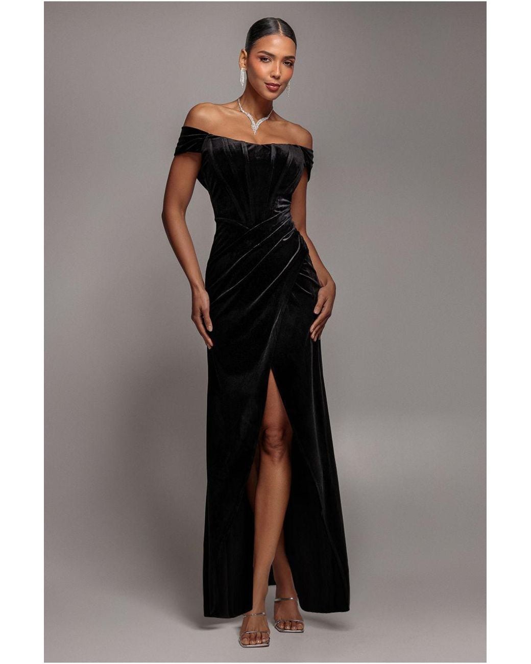 Goddiva Black Draped Shoulder Velvet Corset Maxi