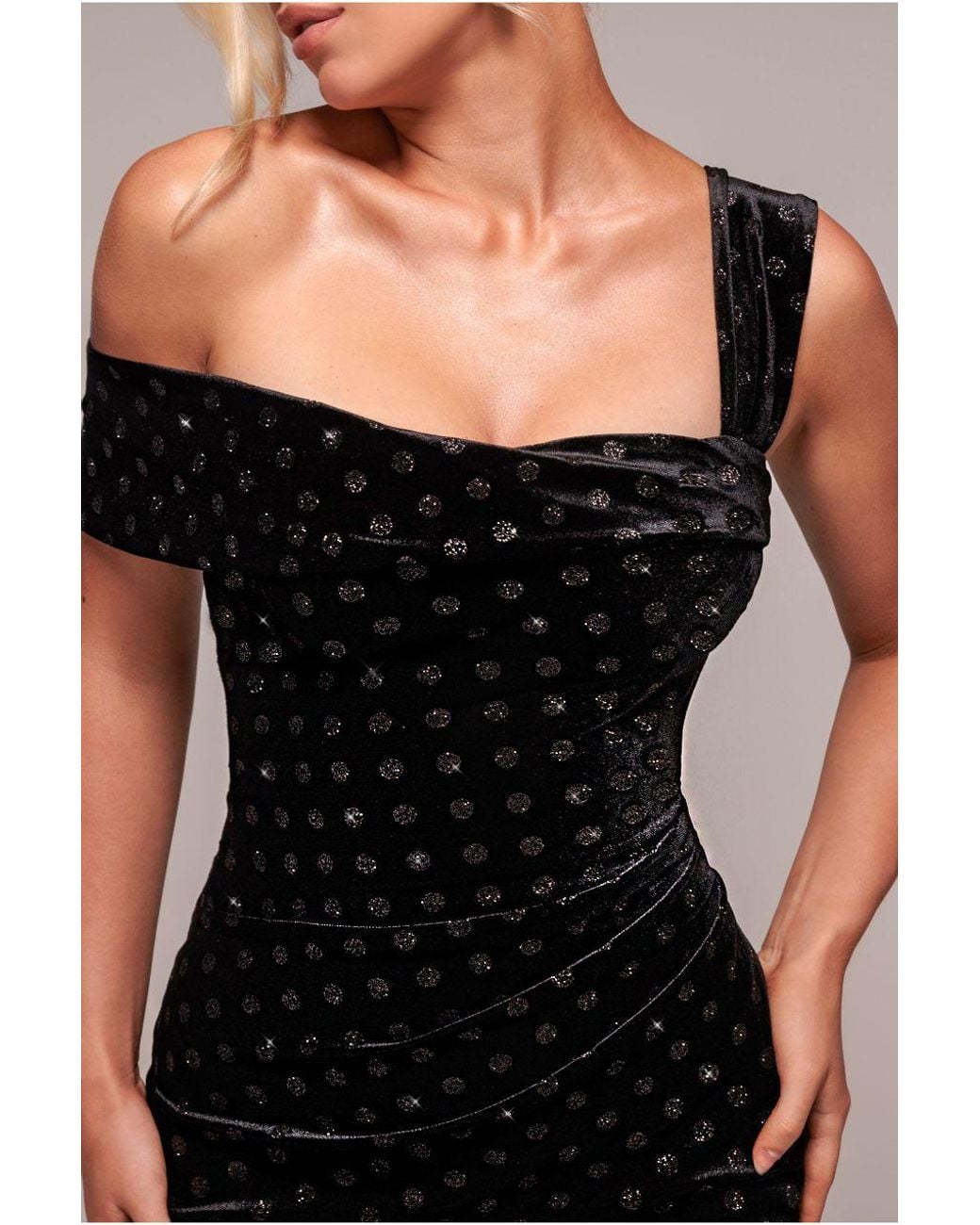 Goddiva Black Glitter Polka Dot Velvet One Shoulder Maxi Dress