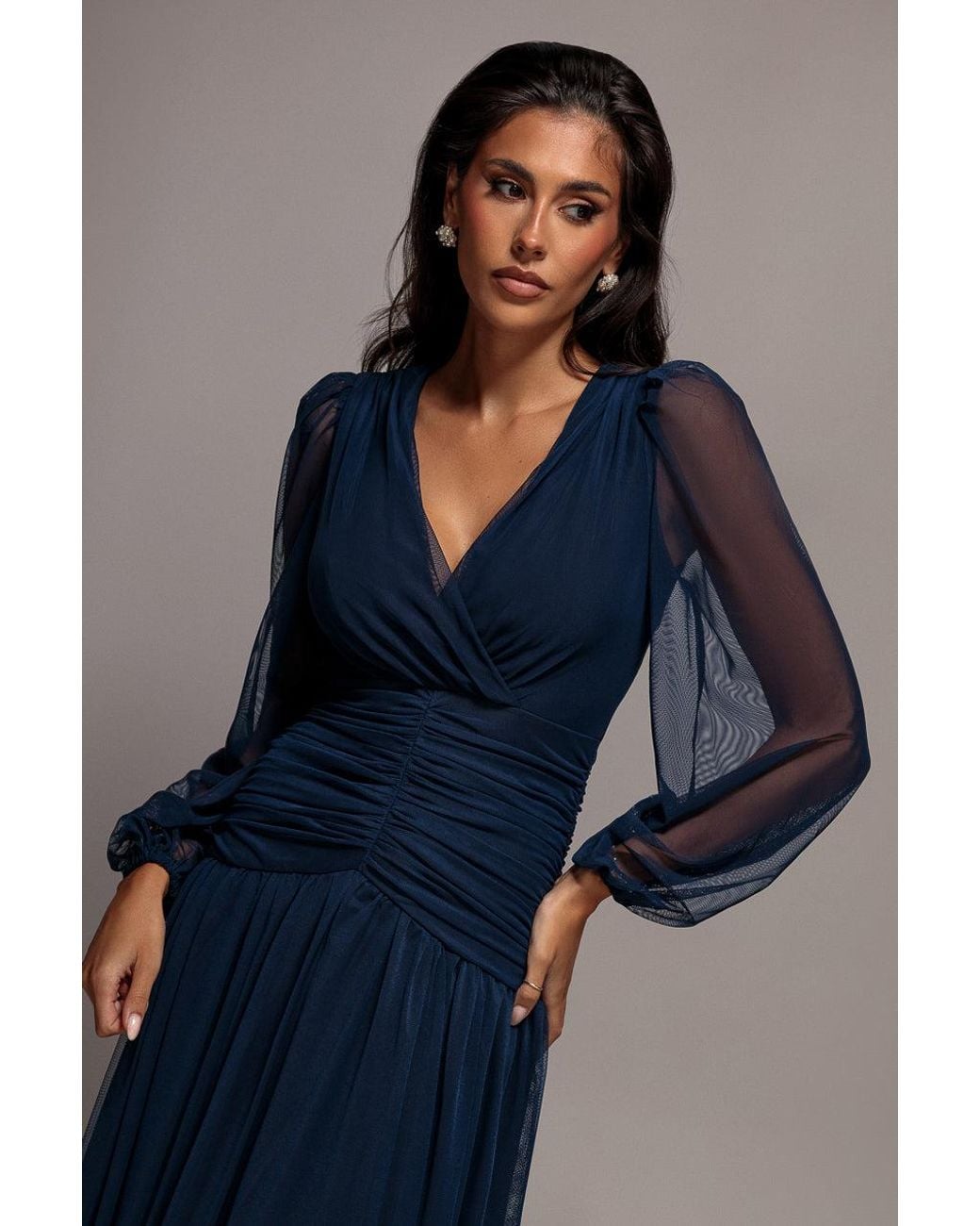 Goddiva Blue Gathered Long Balloon Sleeve A-Line Mesh Maxi Dress