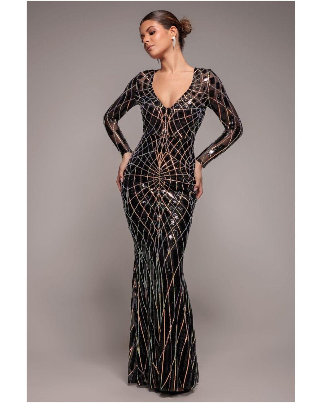 Goddiva Black Geo Sequin Long Sleeve Maxi Dress