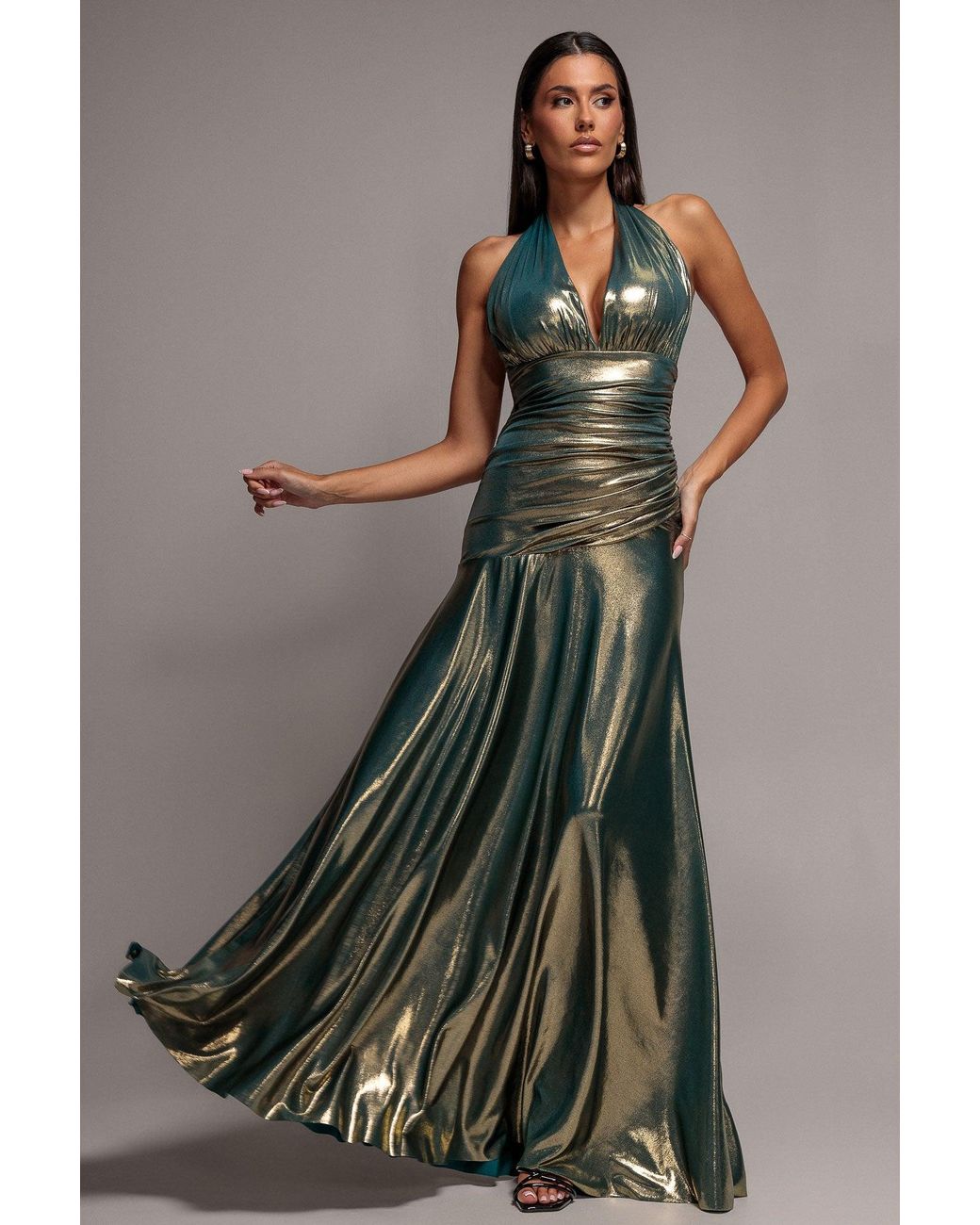 Goddiva Gray Halterneck Empire Waist Gathered Sunrise Foil Maxi Dress