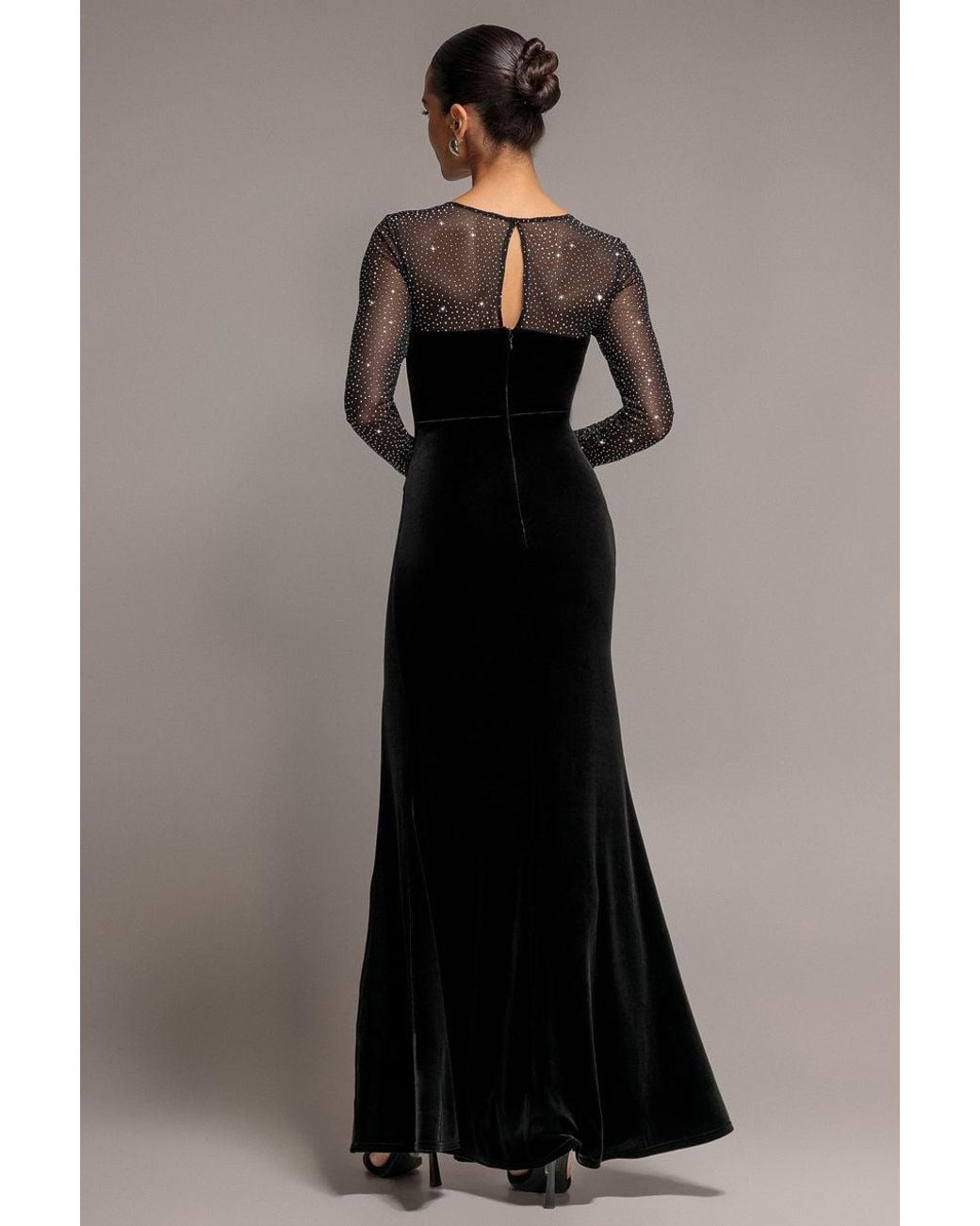 Goddiva Black Diamante Sleeves Illusion Neck Front Wrap Velvet Maxi Dress