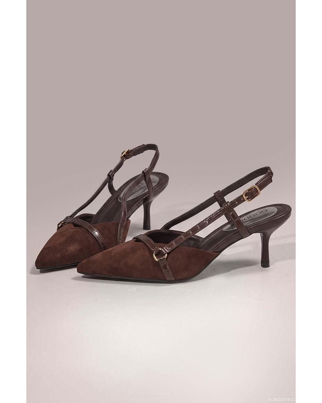 Goddiva Natural Pointed Slingback Heels With Croc-Style Straps