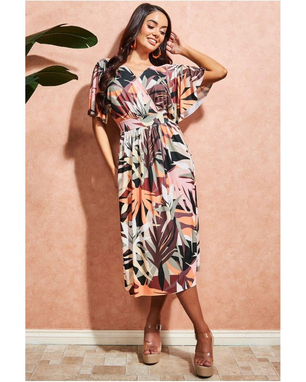Goddiva Brown Leaf Print Midi With Flutter Sleeves