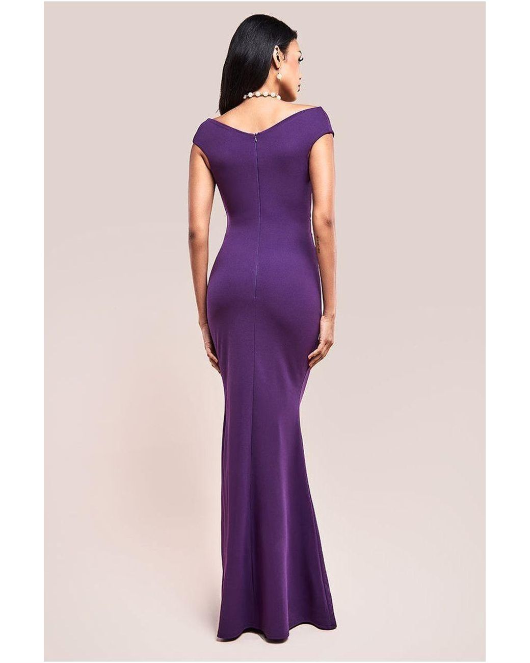 Goddiva Bardot Pleated Maxi Dress in Purple | Lyst UK