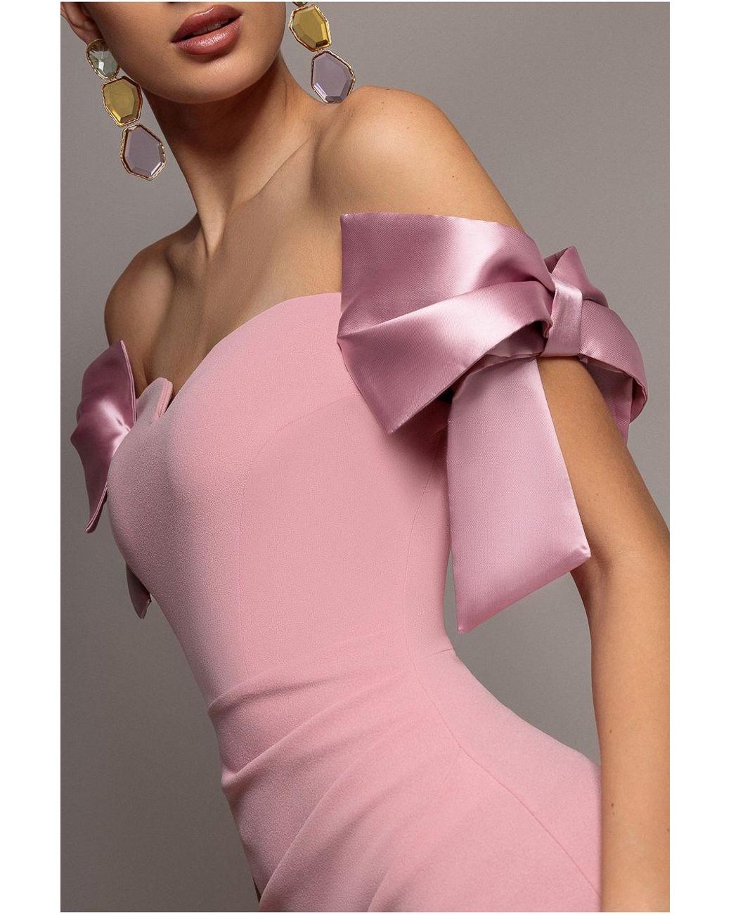 Goddiva Pink Satin Bow Bardot Sheath Maxi Dress