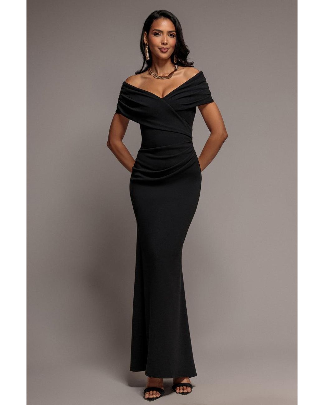 Goddiva Black Pleated Bardot Wrap Mermaid Maxi Dress
