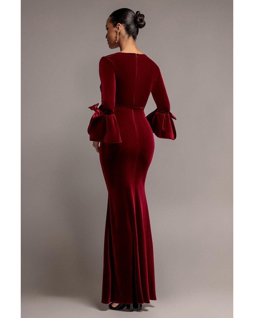 Goddiva Red Petal Bow Sleeve Frill Velvet Maxi Dress