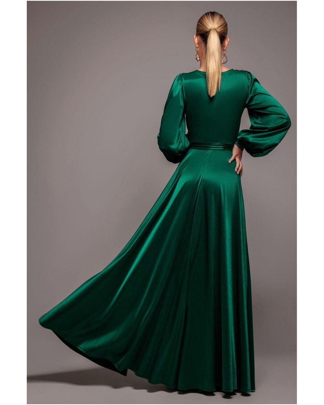 Goddiva Green Satin Square Neck Bishop Sleeve A Line Maxi Dress