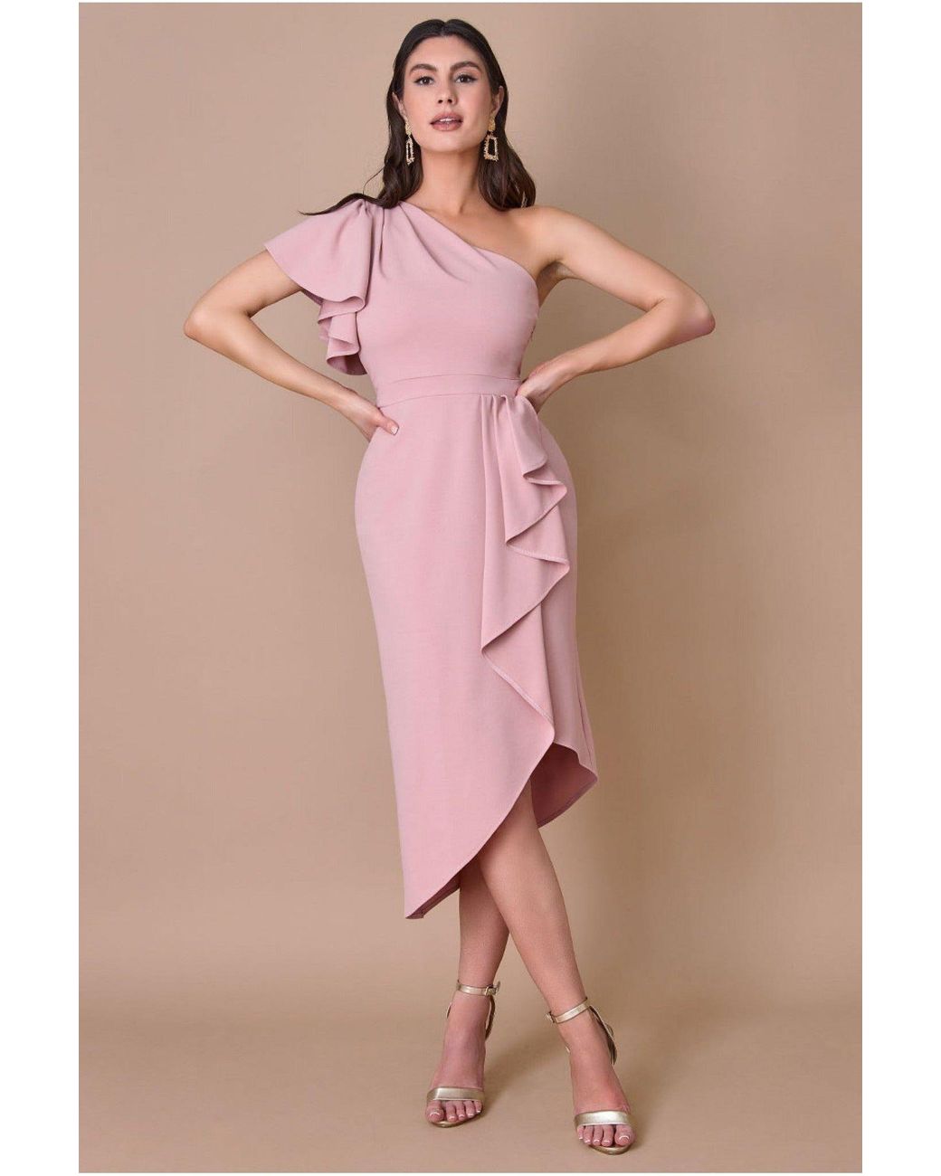 Goddiva Pink Waterfall Sleeve Wrap Midi Dress