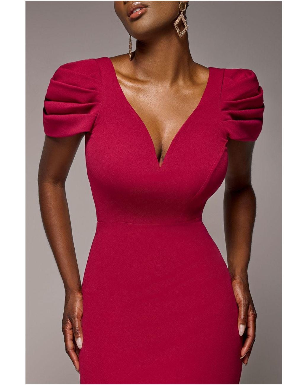 Goddiva Pink Plunging Neck Pleated Sleeves Scuba Maxi Dress