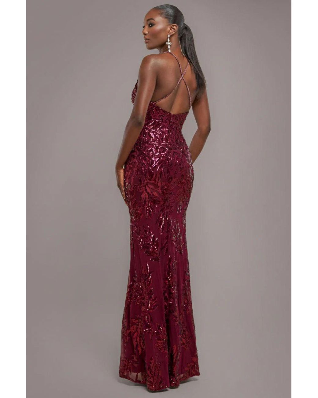 Goddiva Red Cross Back Diamante Strap Sequin Maxi