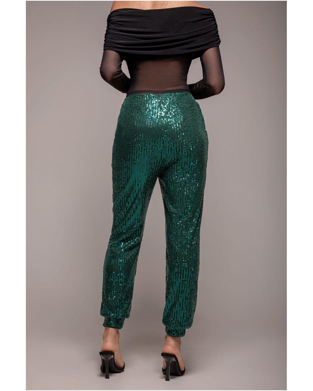 Goddiva Green Sequin Cuffed Ankle Trouser