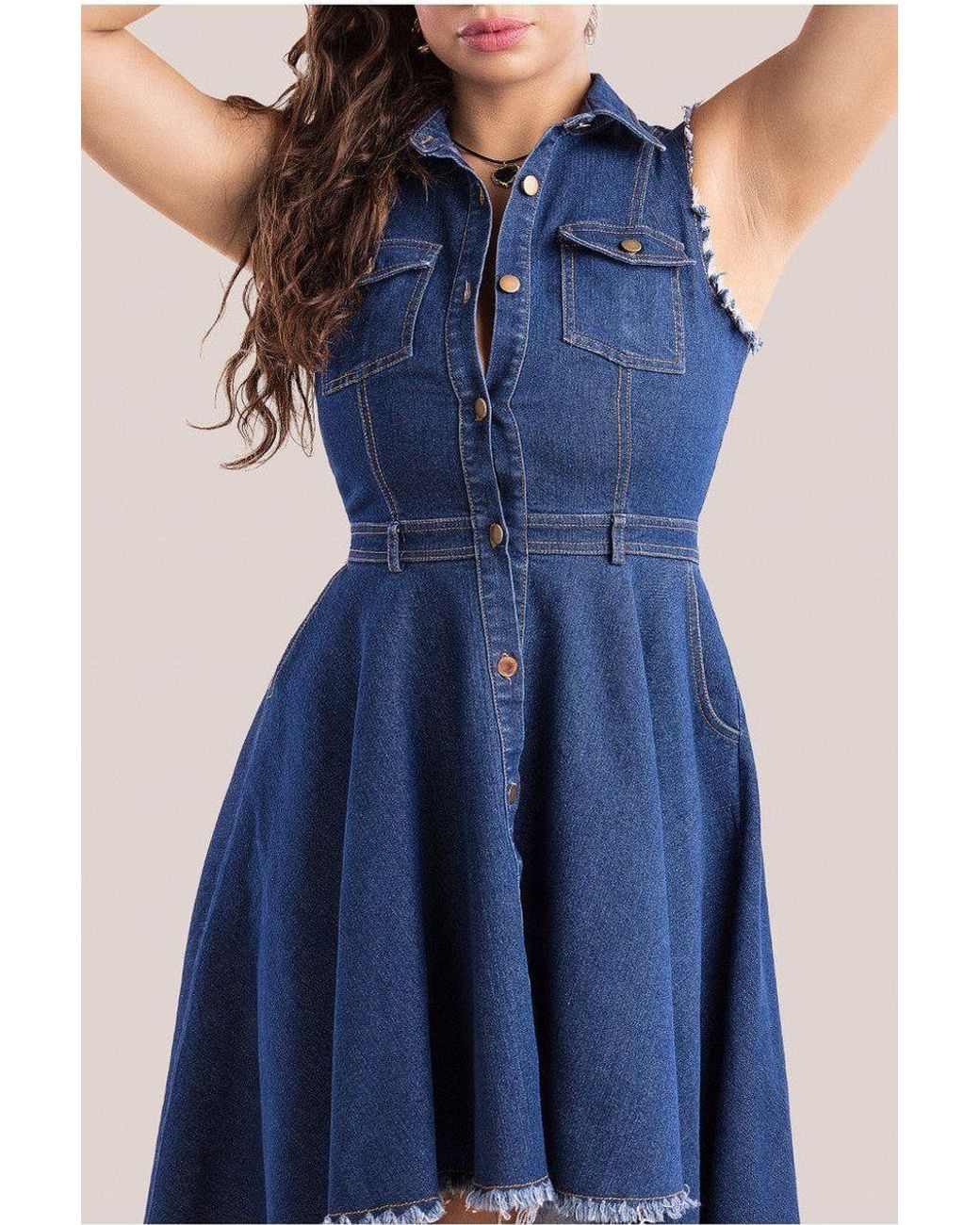 Goddiva Blue Denim Sleeveless High And Low Midaxi Dress