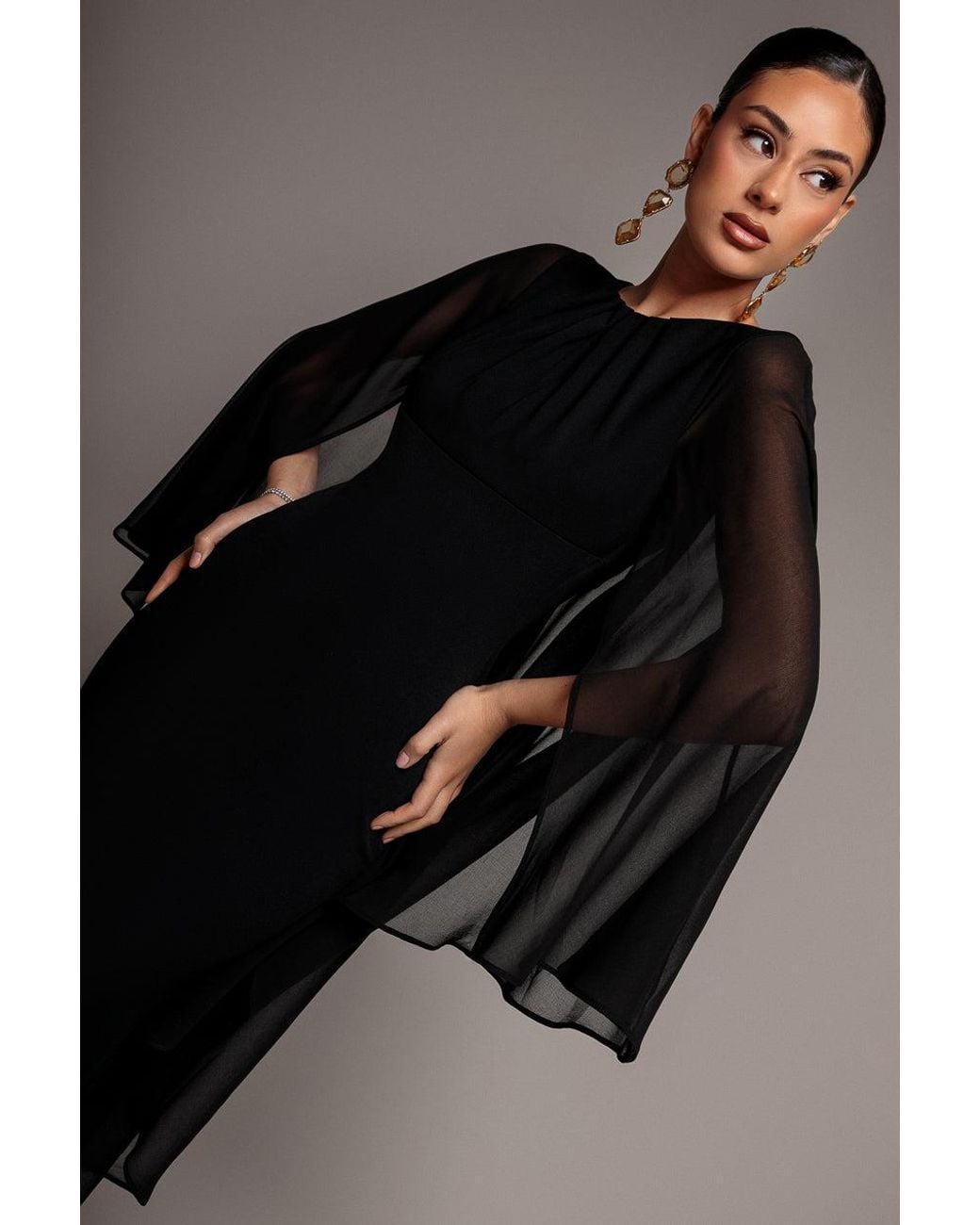 Goddiva Black Cape Sleeve Chiffon And Scuba Crepe Maxi Dress