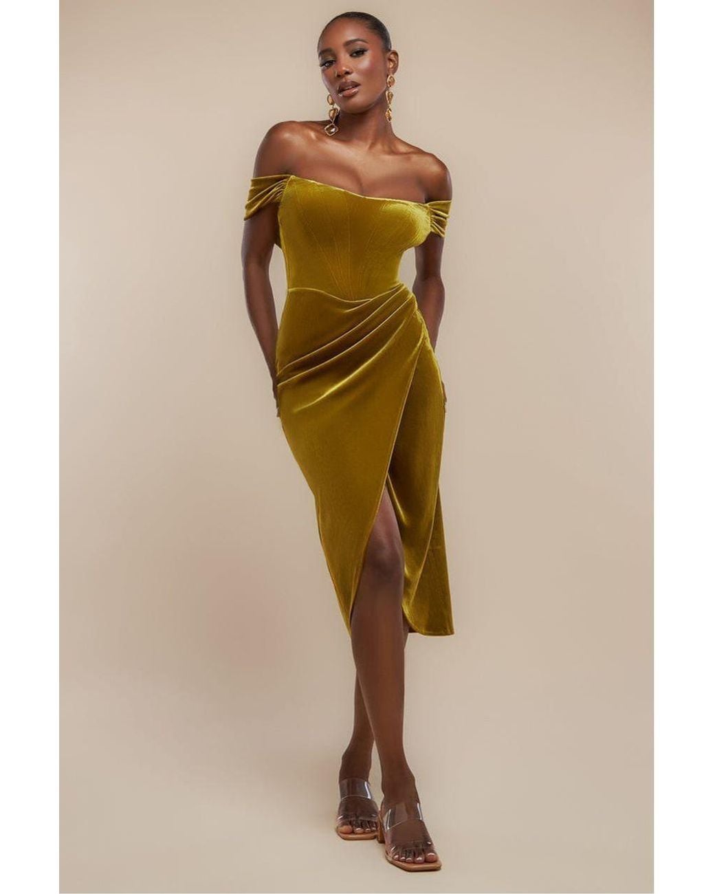 Goddiva Natural Draped Shoulder Velvet Corset Midi Dress