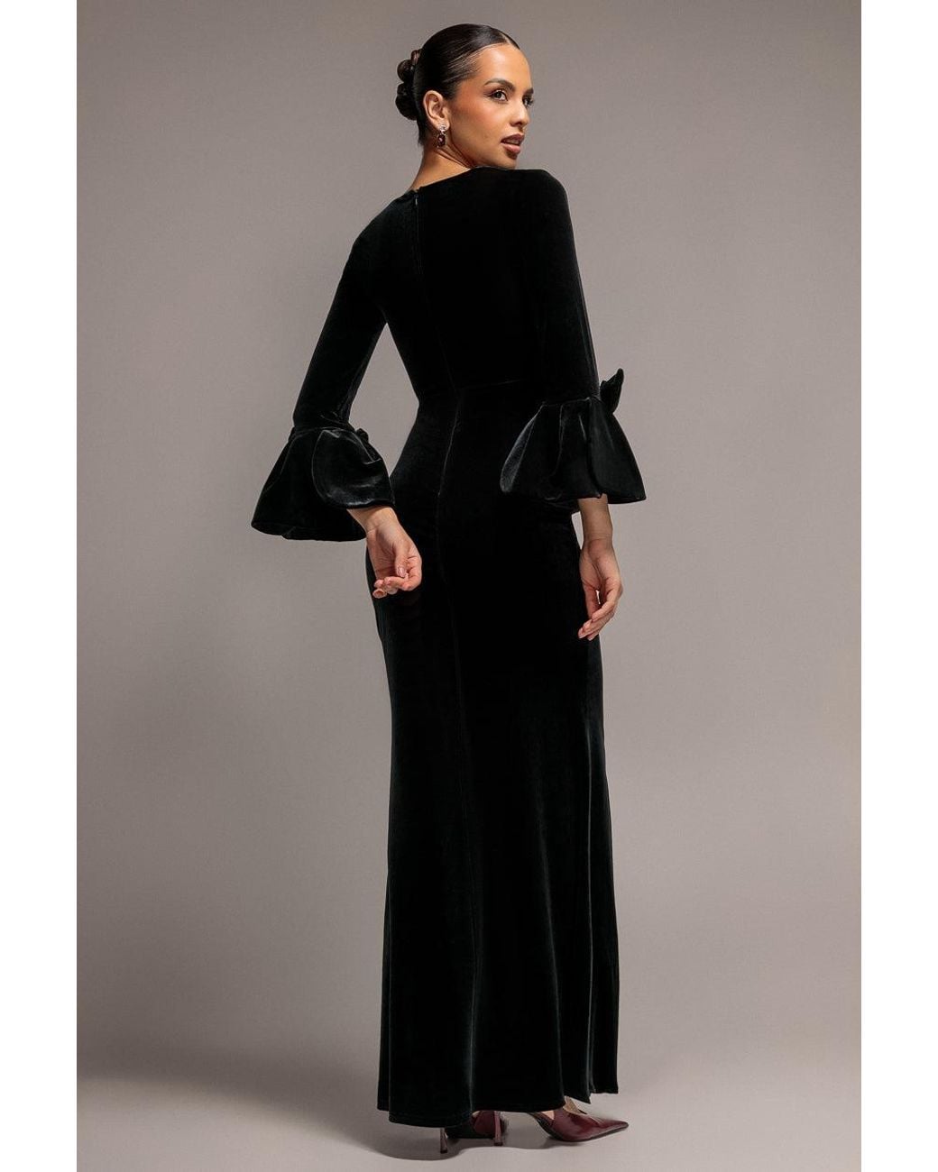 Goddiva Black Petal Bow Sleeve Frill Velvet Maxi Dress