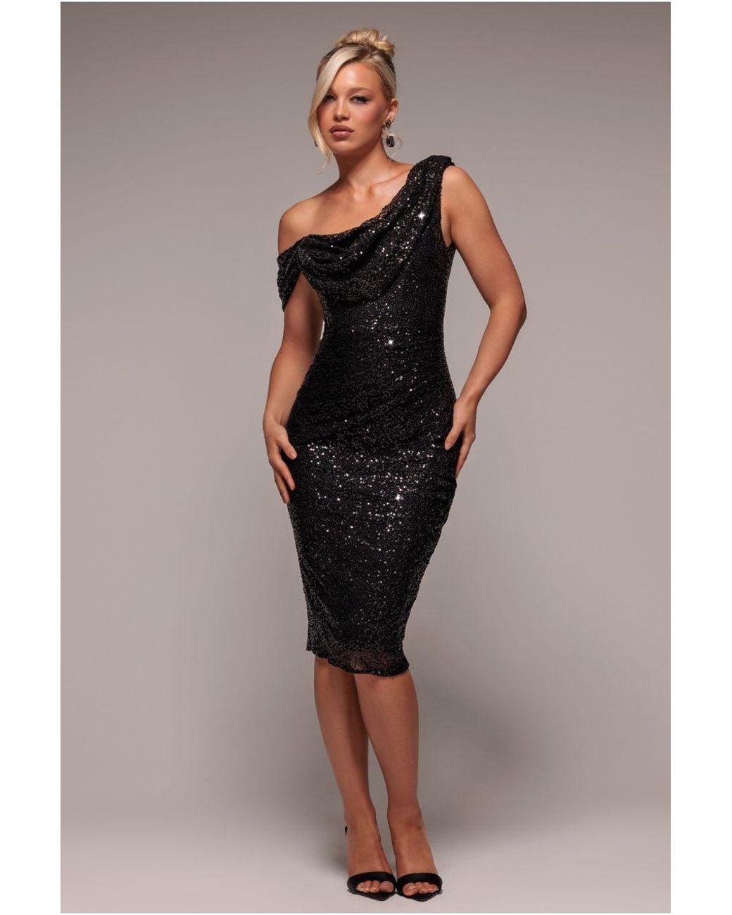 Goddiva Black Sequin Cowl One Shoulder Midi Dress