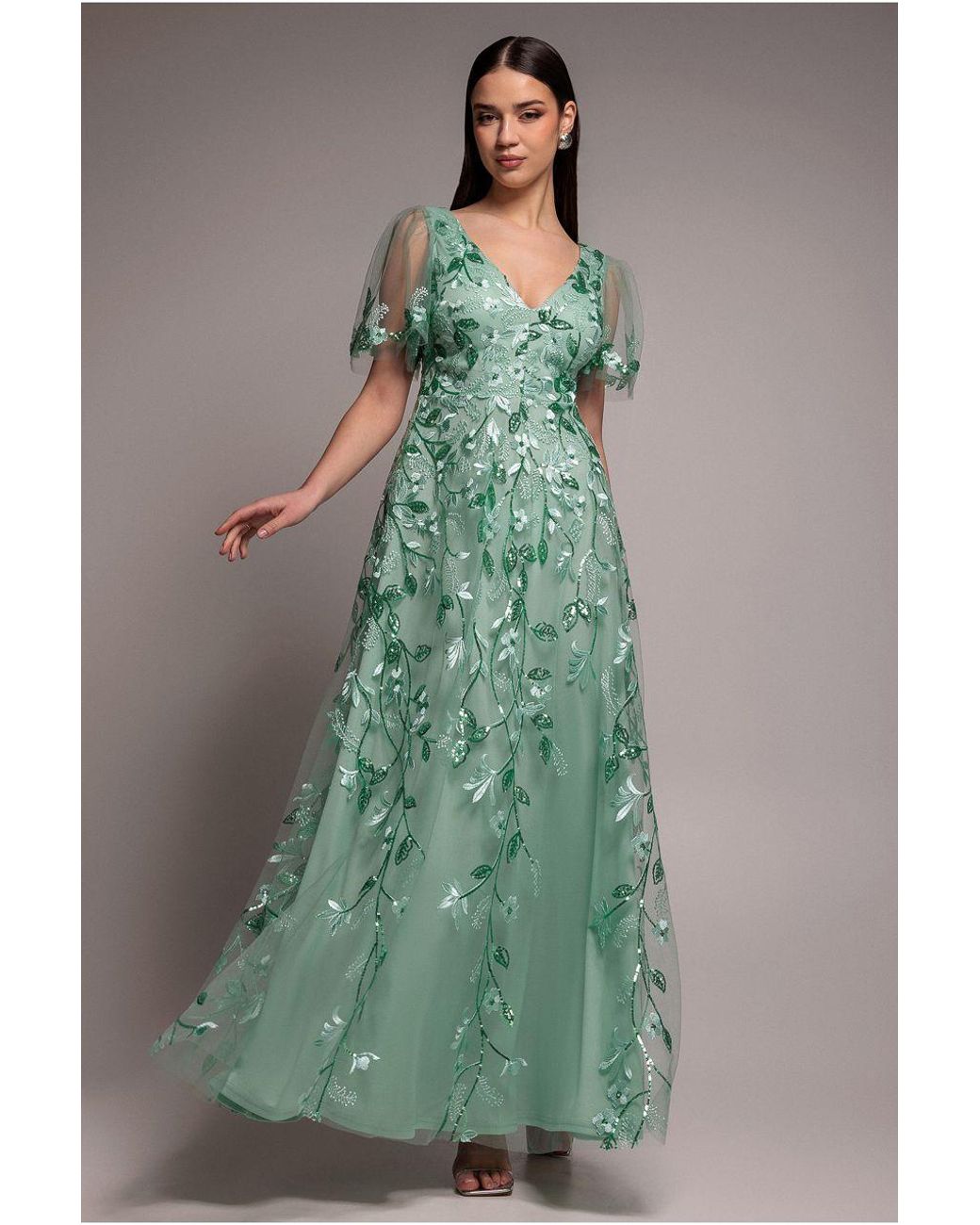 Goddiva Green Flared Sleeve Embroidered Maxi Dress