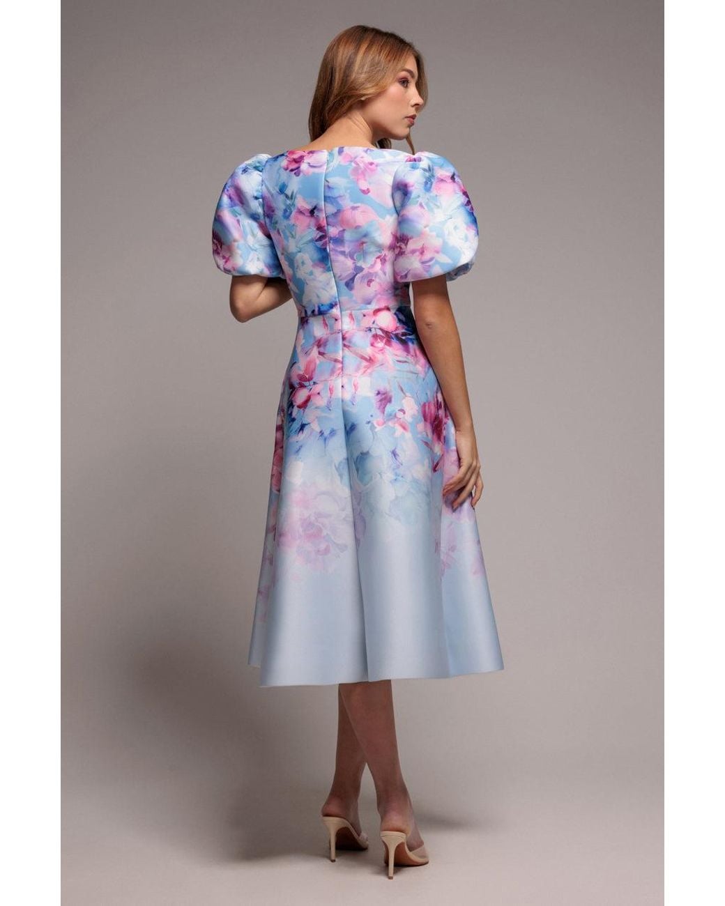 Goddiva Blue Printed Scuba Square Neck Puff Sleeve Midi Dress