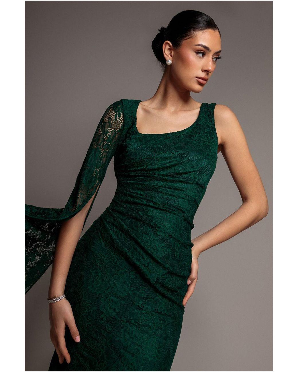 Goddiva Green One Shoulder Cape Sleeve Pleated Lace Maxi Dress