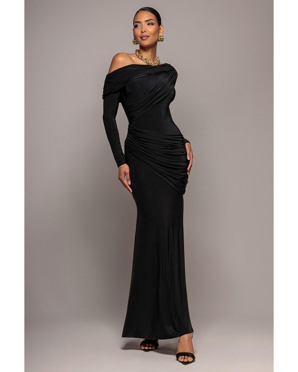 Goddiva Black Off Shoulder Gathered Panel Soft Touch Maxi Dress