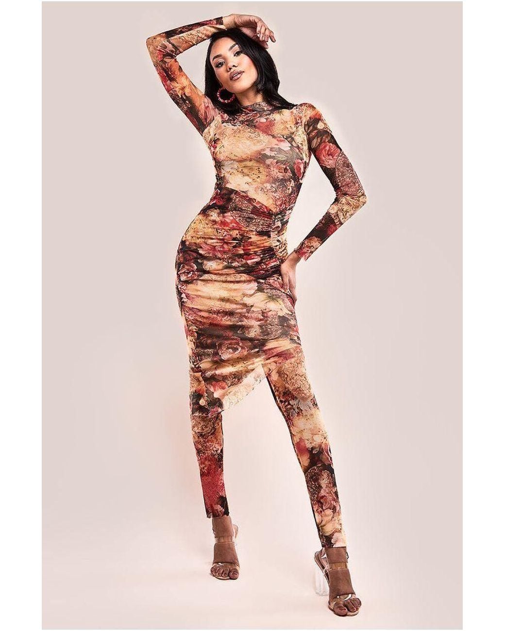 Goddiva Orange Printed Sheer Leggings