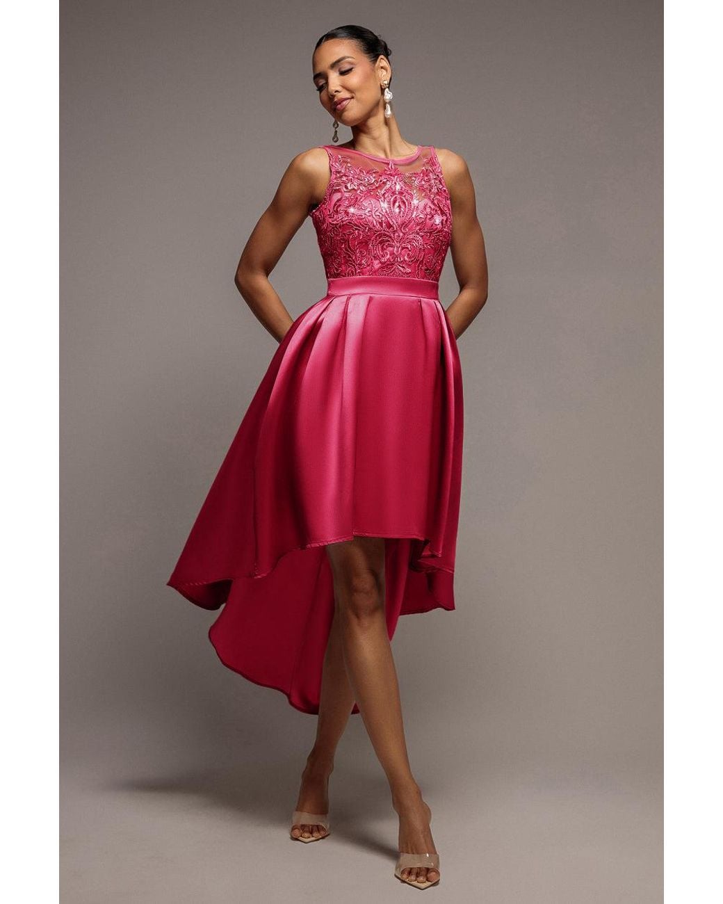 Goddiva Pink Sequin & Satin Dipped Hem Midi