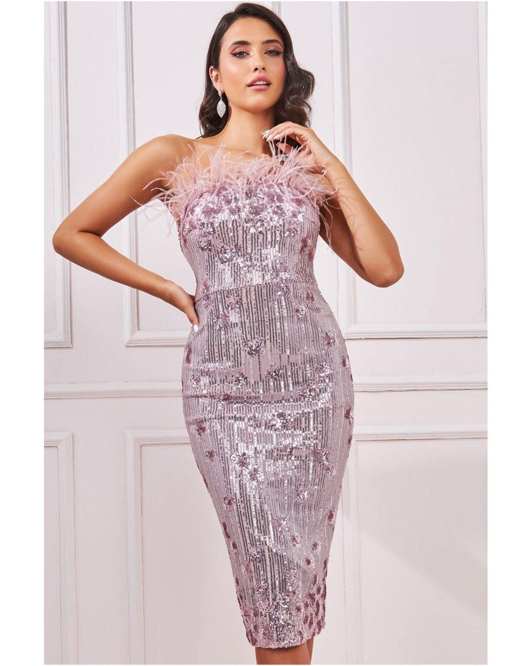 Goddiva Pink Sequin And Feather Boobtube Midi