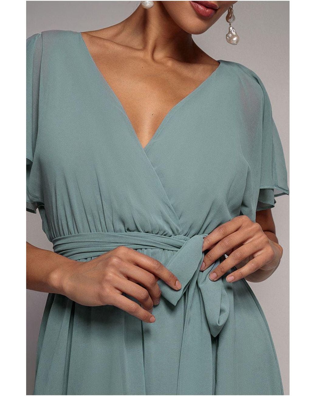 Goddiva Blue Sustainable Flutter Sleeve Chiffon Wrap Midi Dress
