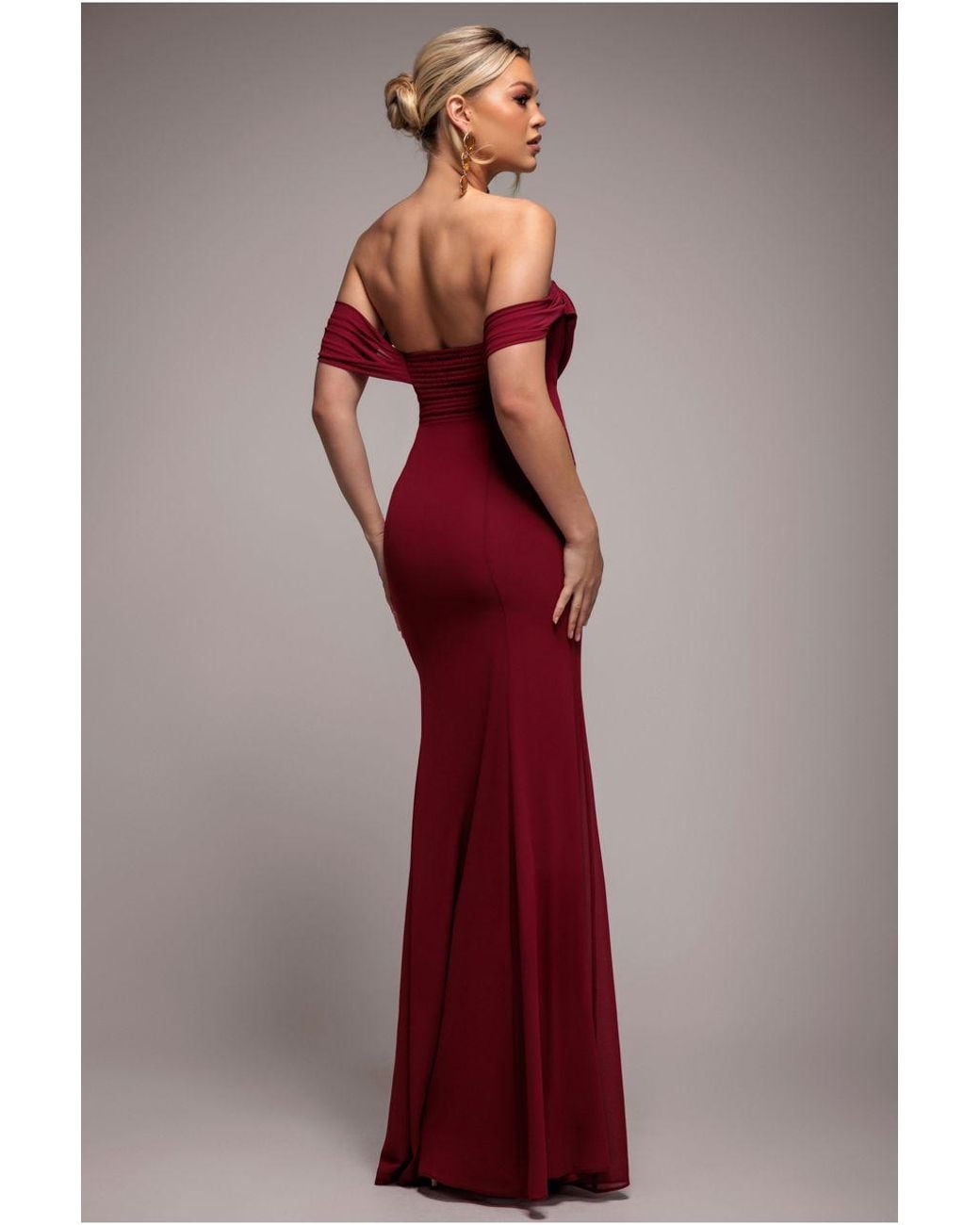 Goddiva Red Chiffon Bardot Cowl Neck Maxi Dress