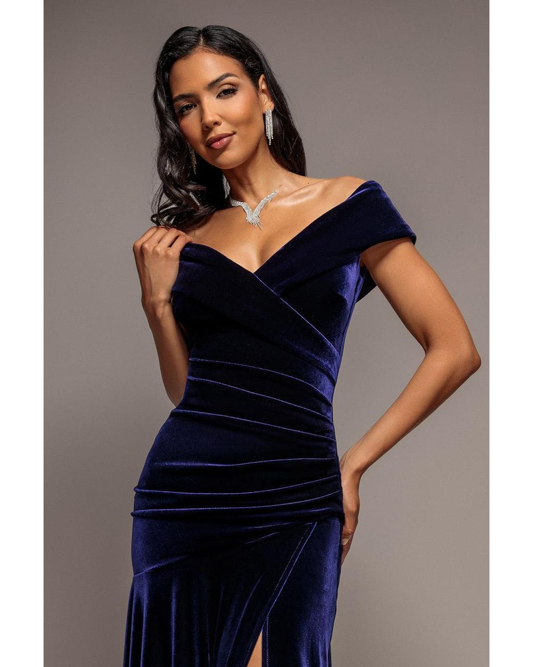 Goddiva Blue Velvet Off Shoulder Pleated A Line Maxi Dress