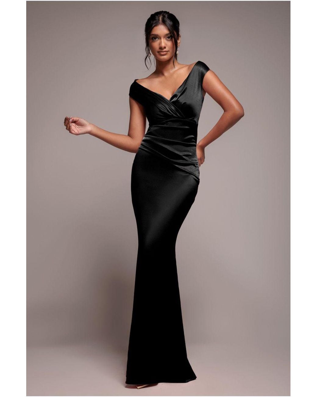 Goddiva Satin Off The Shoulder Maxi Dress in Black