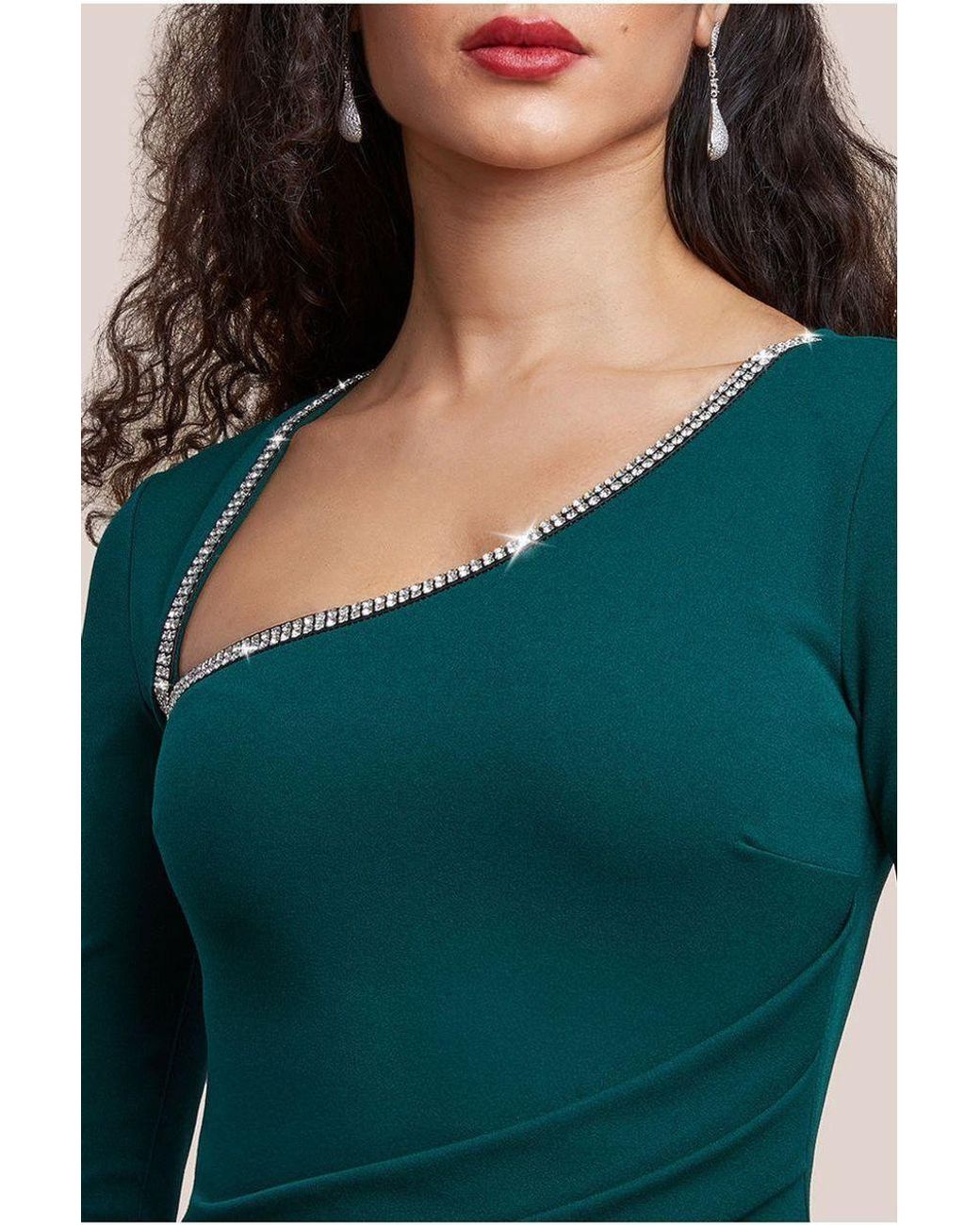 Goddiva Green Asymmetric Neck Diamante Embellished Maxi Dress