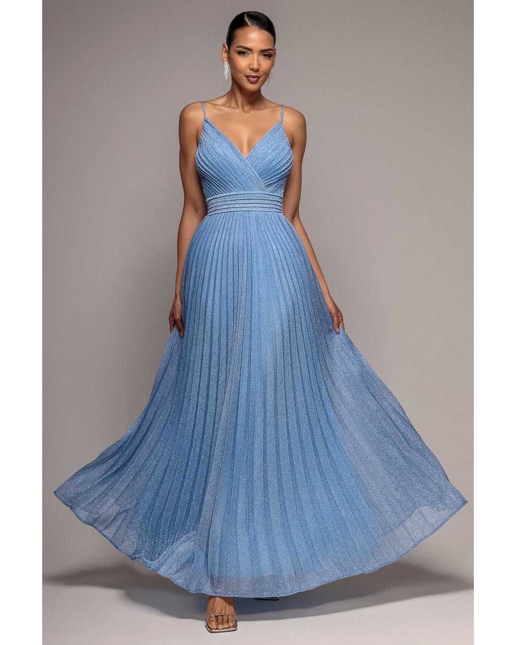 Goddiva Blue Sleeveless Pleated A Line Lurex Maxi Dress