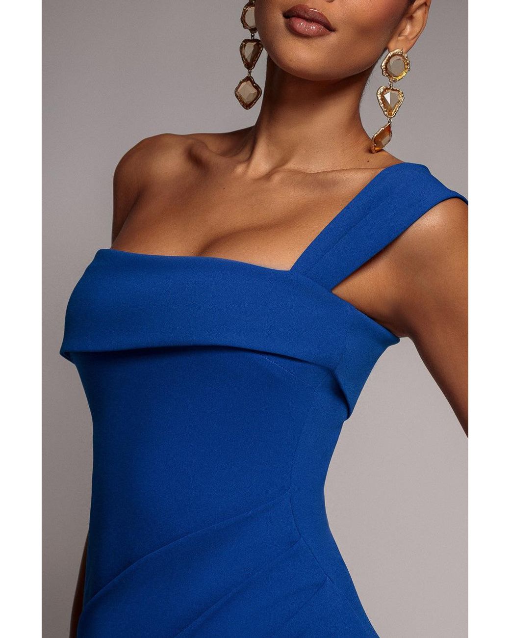 Goddiva Blue Sustainable Off Shoulder Asymmetric Pleated Waist Maxi Dress