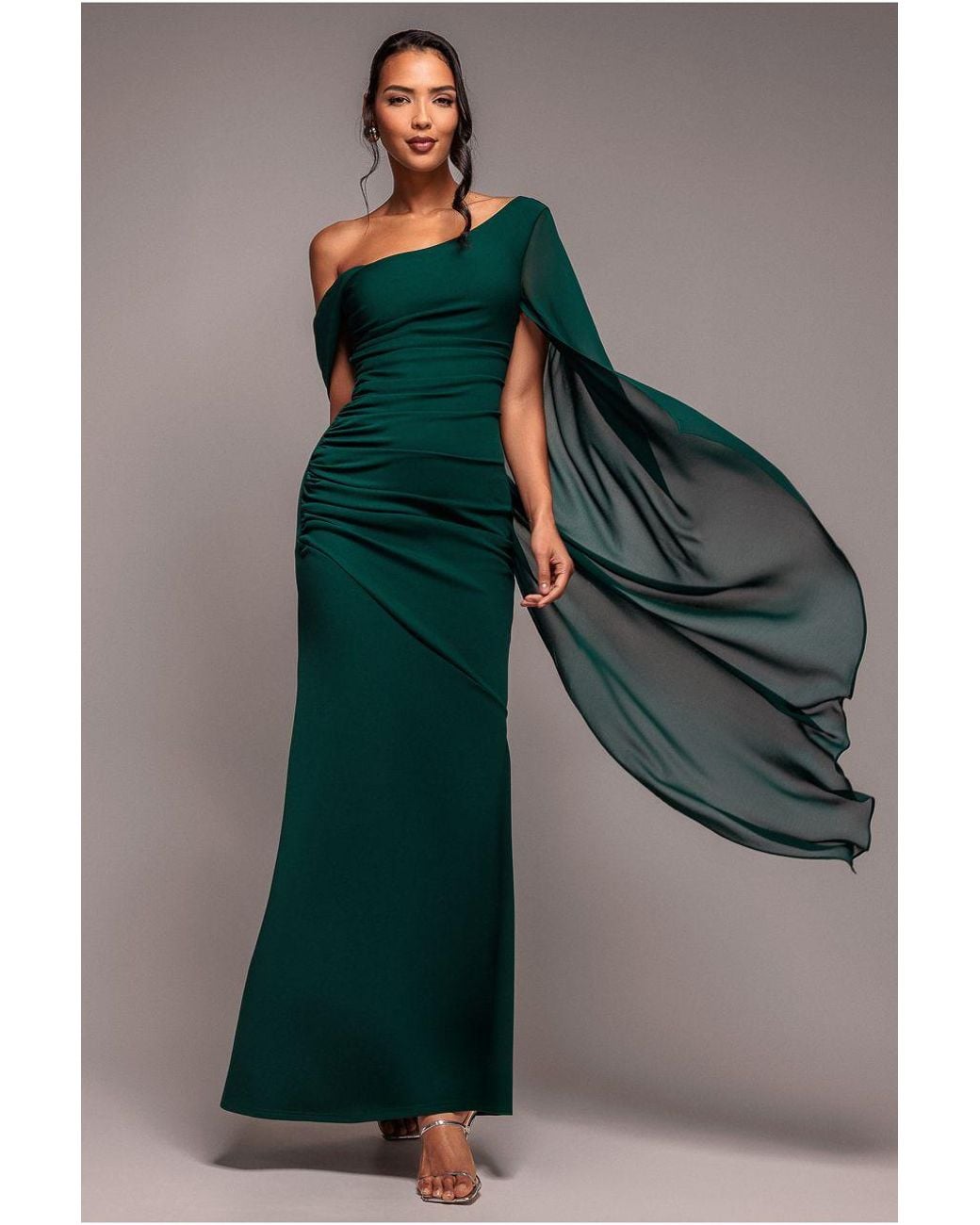 Goddiva Multicolor One Shoulder Cape Scuba & Chiffon Maxi Dress
