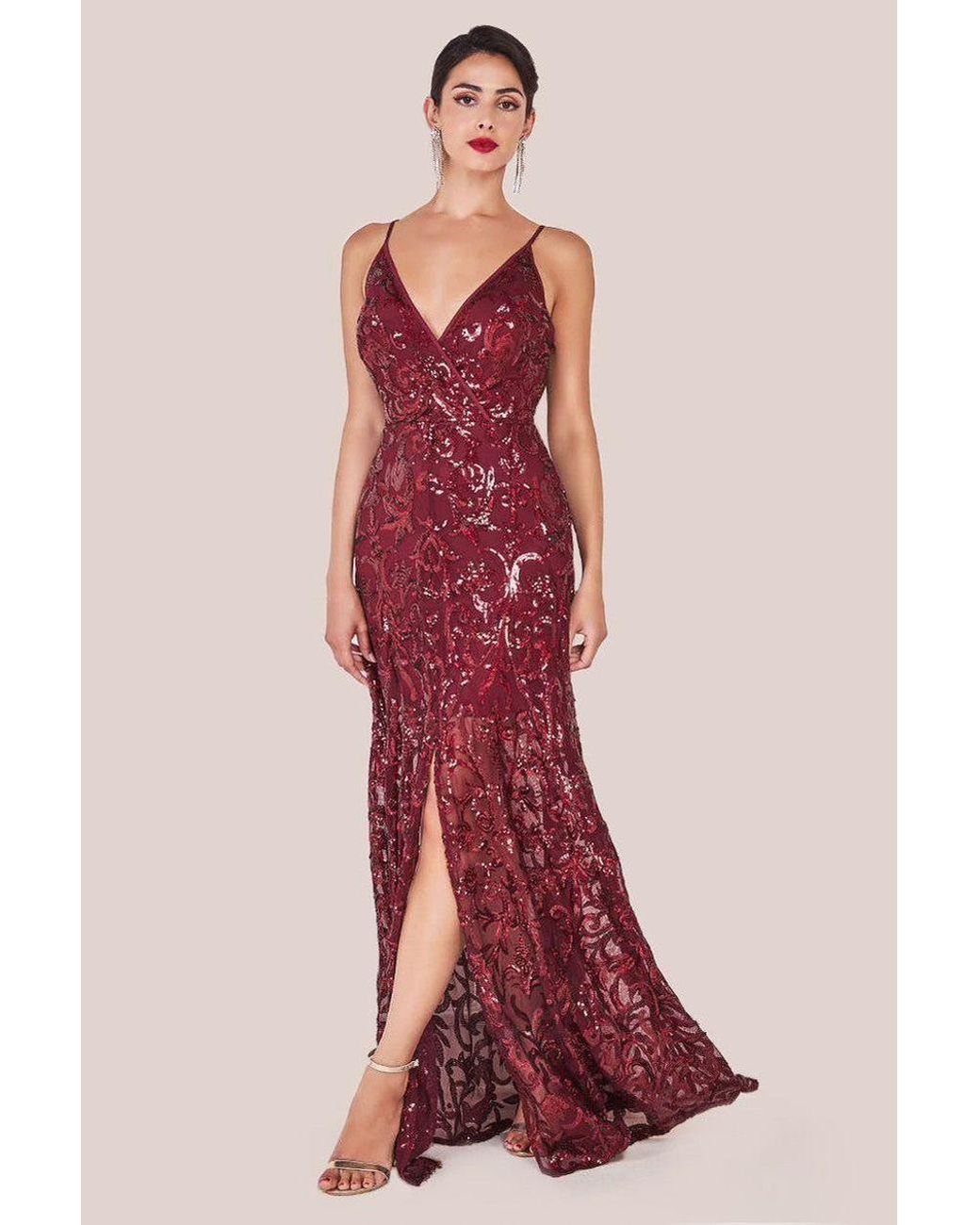 Goddiva Red Iridescent Sequin Maxi With Front Split