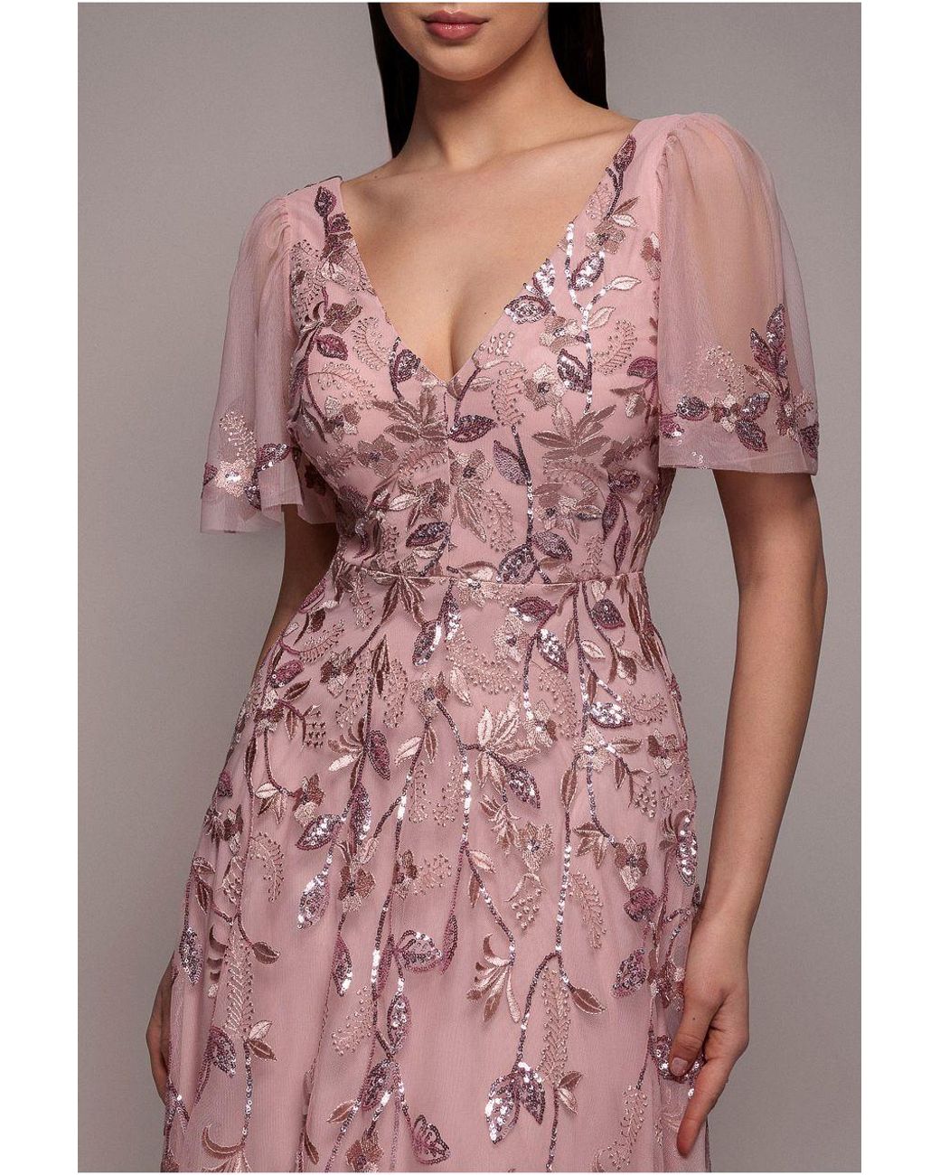 Goddiva Pink Flared Sleeve Embroidered Maxi Dress