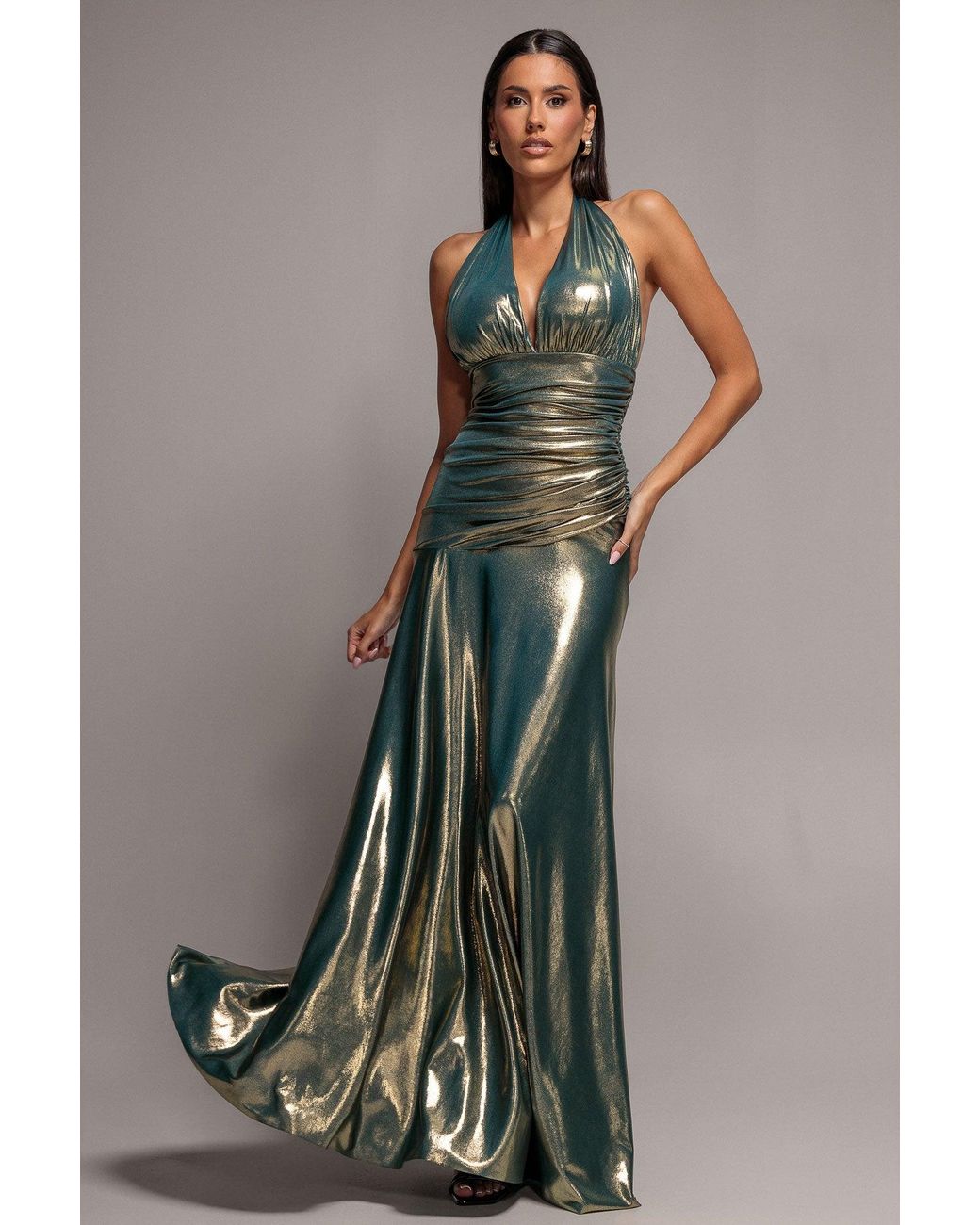 Goddiva Gray Halterneck Empire Waist Gathered Sunrise Foil Maxi Dress