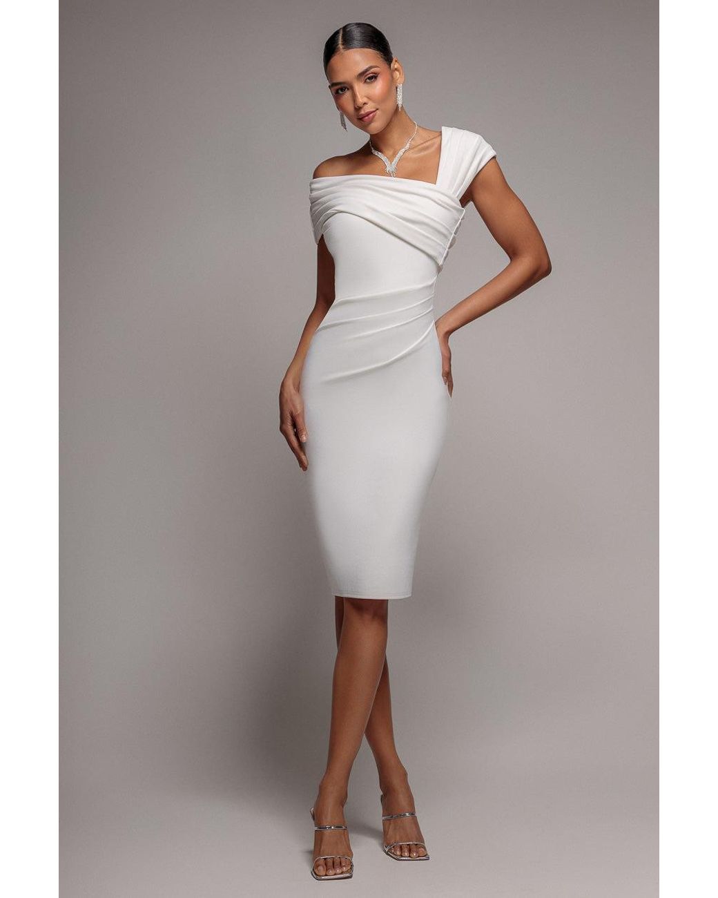 Goddiva Gray Scuba Crepe Pleated Drop Shoulder Midi Dress