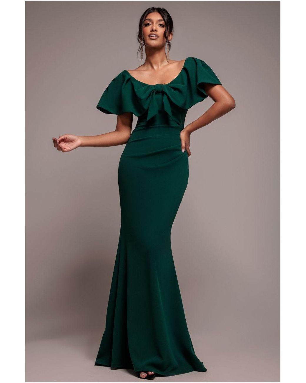 Goddiva Green Cape Sleeve Detail Front Tie Maxi Dress